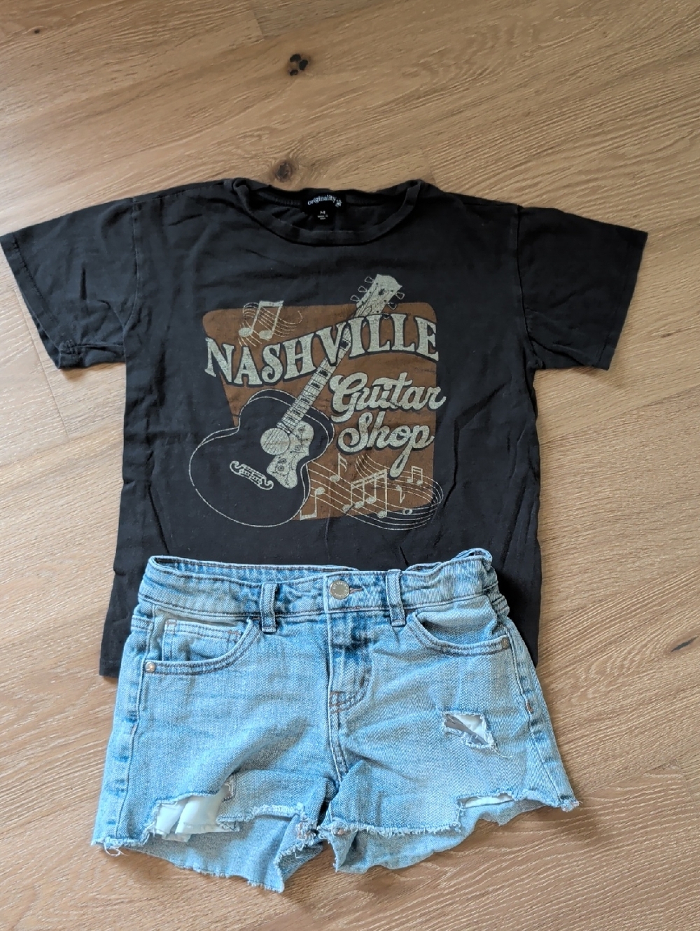 Nashville Guitar Shop Graphic Tee for Kids - Dark Gray & Cat&Jack Denim Shorts